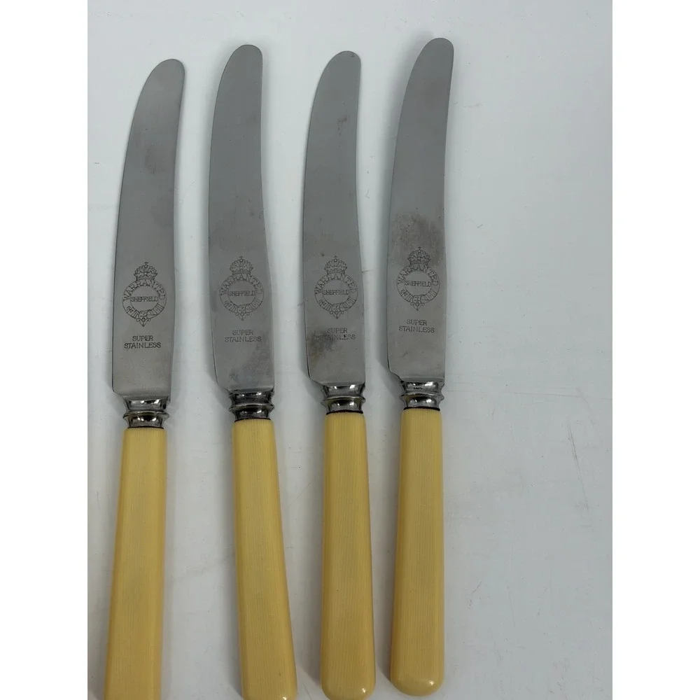 Vintage Sheffield Dinner Knives Set 6‎ Yellow Handle MCM Retro Flatware
